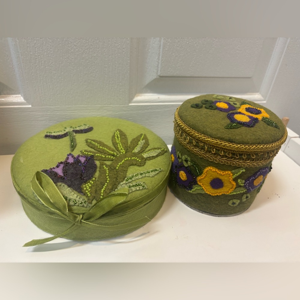 2 Unique Vintage Embroidered Green Decorative Tin Felted & Beaded Boxes 4 & 2”